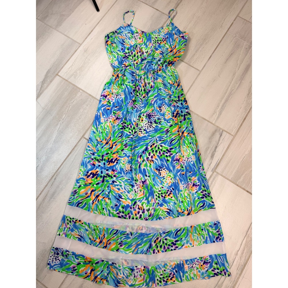 Lilly Pulitzer Maxi Dress Blue Green Floral Mesh Stripe Resort Wear Medium